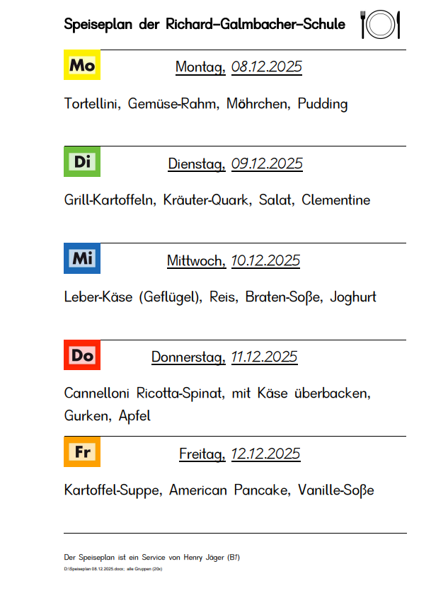 Speiseplan vom 8.12.25 bis 12.12.25