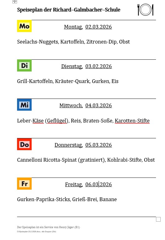 Speiseplan vom 2.3. bis 6.3.2026